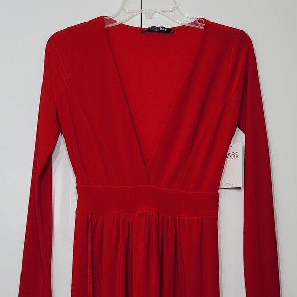 Babe Society Irene Red Long Sleeve Maxi Dress Plunging Neckline Size S - Picture 2 of 7